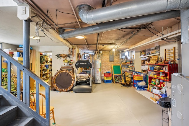 unfinished below grade area with gas water heater, electric panel, and stairway