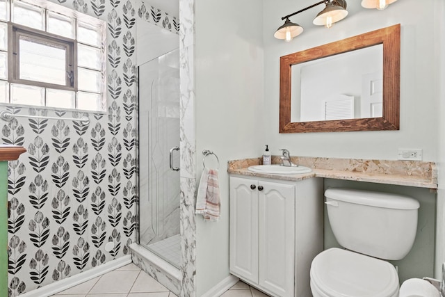 bathroom featuring vanity, a shower stall, toilet, and tile patterned floors