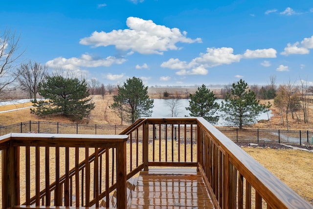 wooden deck with a water view and a fenced backyard