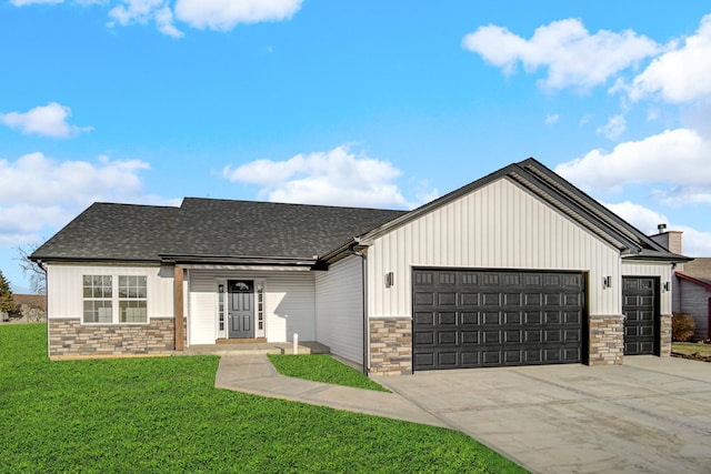 modern farmhouse style home with a garage, driveway, a shingled roof, stone siding, and a front yard