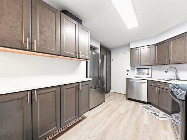 kitchen with stainless steel appliances, a sink, dark brown cabinets, and light wood finished floors