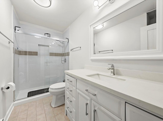 bathroom with toilet, a shower stall, and vanity