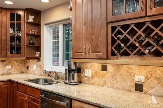 bar with stainless steel dishwasher, recessed lighting, a sink, and tasteful backsplash