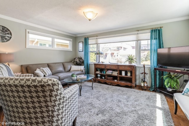 living area with ornamental molding