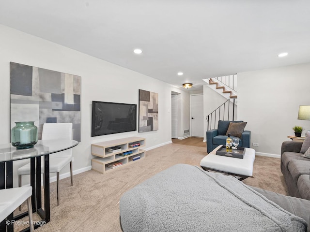 living room with recessed lighting, carpet flooring, stairway, and baseboards