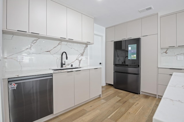 kitchen featuring visible vents, dishwasher, light wood-style floors, smart refrigerator, and a sink