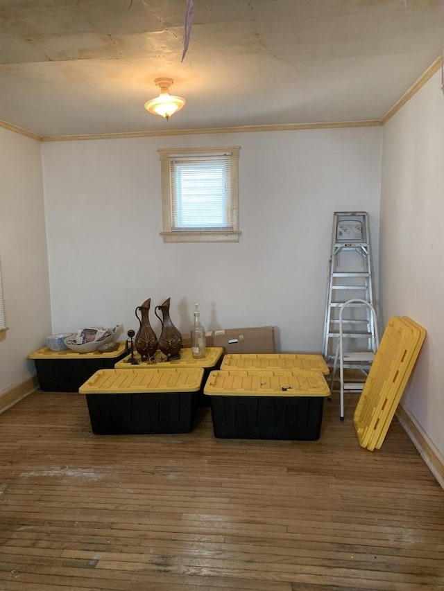 miscellaneous room featuring wood-type flooring, crown molding, and baseboards