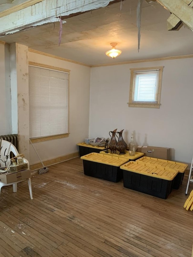 misc room with crown molding, baseboards, and hardwood / wood-style flooring