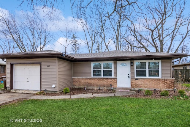 ranch-style house featuring brick siding, concrete driveway, an attached garage, fence, and a front yard