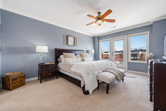 bedroom with access to exterior, light colored carpet, ornamental molding, and baseboards