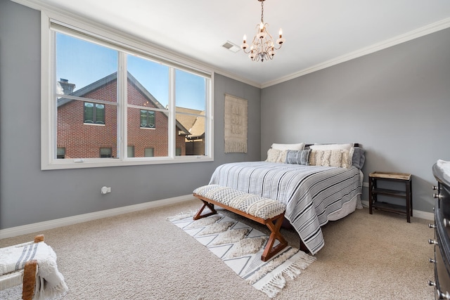 bedroom with a chandelier, light carpet, visible vents, baseboards, and crown molding