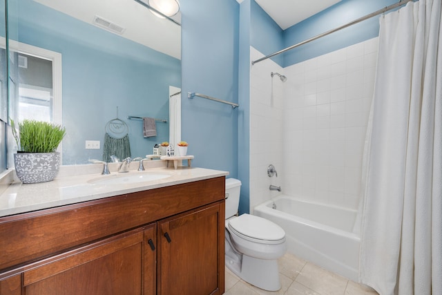 bathroom with visible vents, toilet, tile patterned flooring, shower / bathtub combination with curtain, and vanity