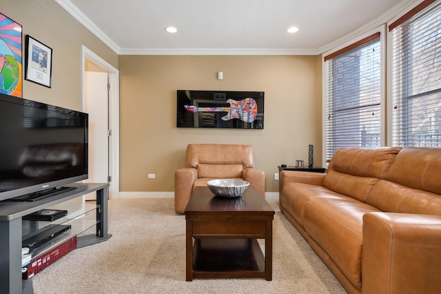 living room featuring ornamental molding, recessed lighting, carpet floors, and baseboards