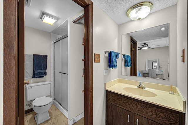 full bathroom with a textured ceiling, a shower stall, a ceiling fan, and ensuite bathroom