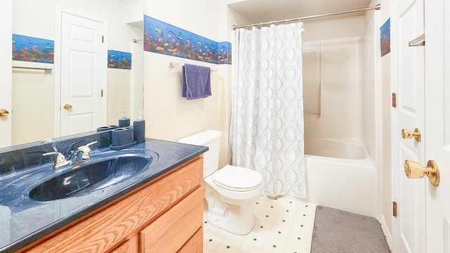 full bath with toilet, shower / bath combo with shower curtain, vanity, and tile patterned floors