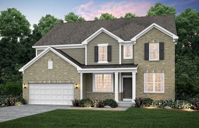 traditional-style home featuring a garage, brick siding, a shingled roof, driveway, and a lawn