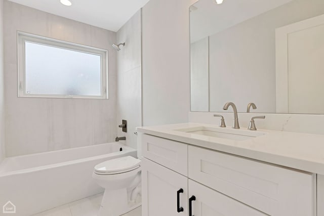 bathroom with toilet, tile patterned floors, tub / shower combination, and vanity