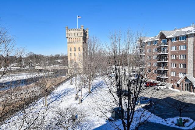 view of snow covered building