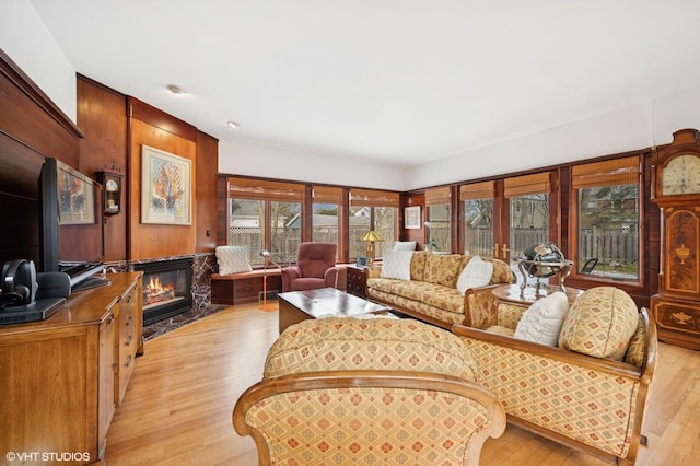 living area with a fireplace and light wood-style floors