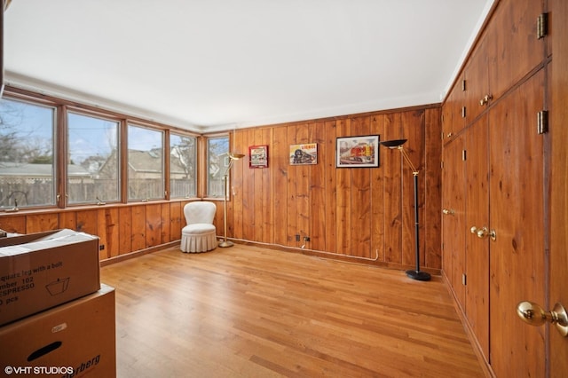 interior space featuring light wood-type flooring, wooden walls, and baseboards