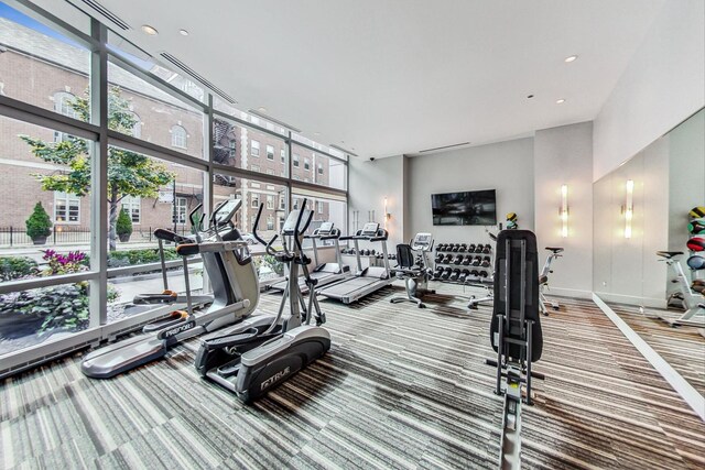 exercise room with plenty of natural light, carpet flooring, and a towering ceiling