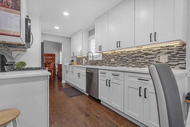 kitchen featuring stainless steel dishwasher, dark wood-style flooring, a sink, and white cabinetry