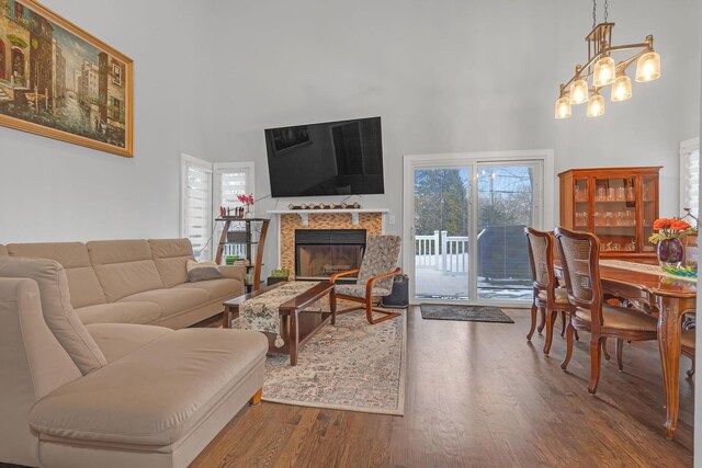 living room featuring a fireplace, wood finished floors, and a towering ceiling