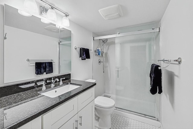 full bath with visible vents, a stall shower, vanity, and toilet