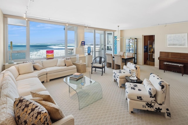 living room featuring a water view, rail lighting, and light colored carpet