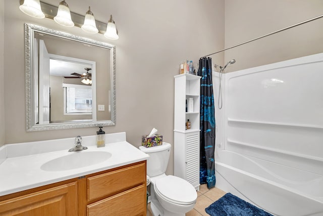 bathroom featuring a ceiling fan, toilet, tile patterned floors, shower / bathtub combination with curtain, and vanity