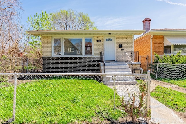 view of front of property featuring fence, a chimney, and brick siding