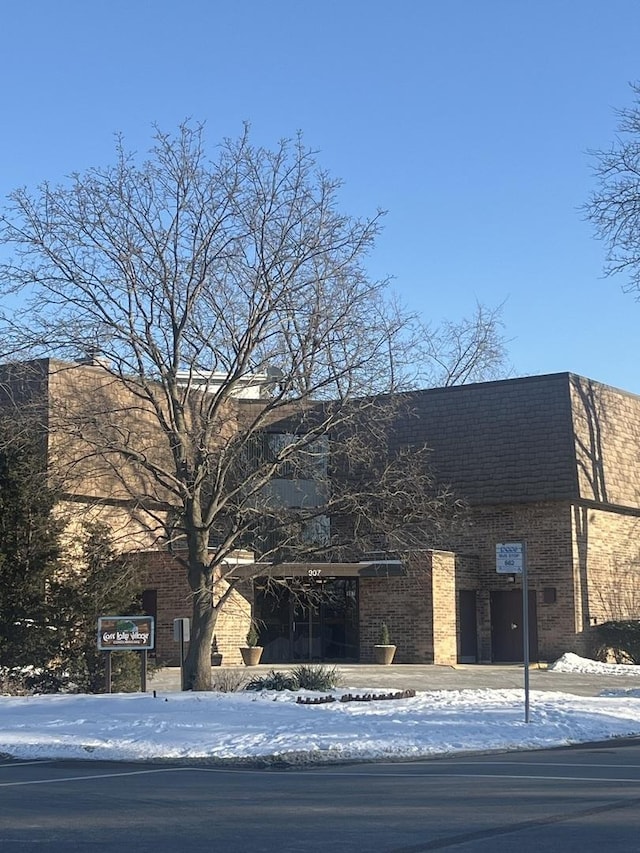 view of snow covered building