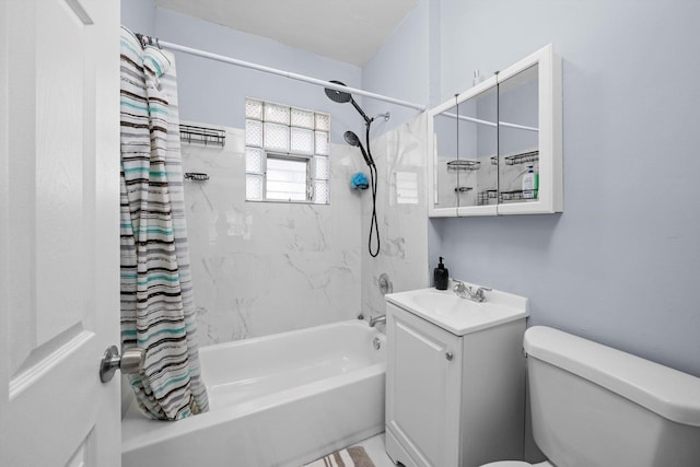 bathroom featuring toilet, shower / tub combo, and vanity