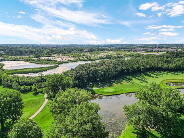 bird's eye view featuring golf course view and a water view