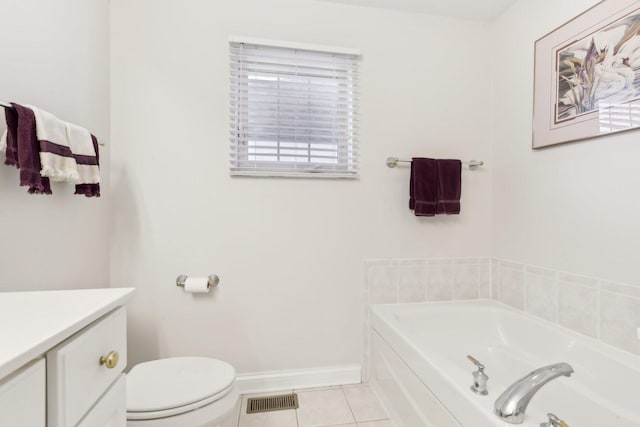 full bath with visible vents, toilet, vanity, tile patterned flooring, and baseboards