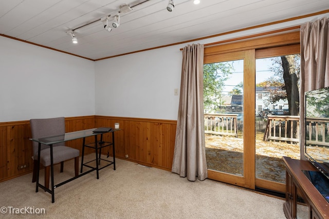 dining area featuring wooden walls, a wainscoted wall, and light carpet