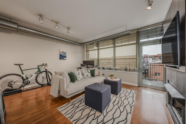 living area featuring rail lighting, wood-type flooring, and baseboards