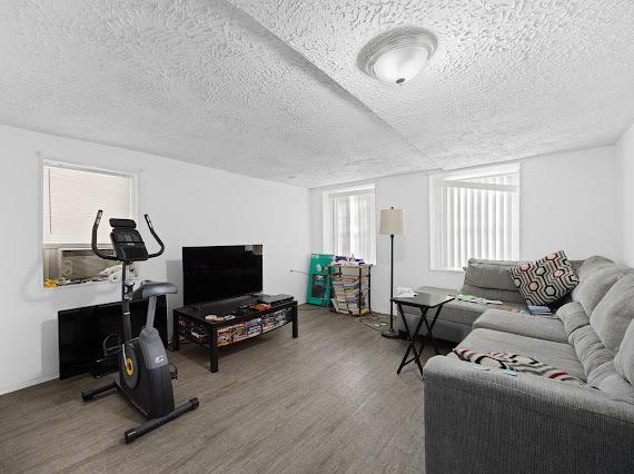 living room with a textured ceiling and wood finished floors