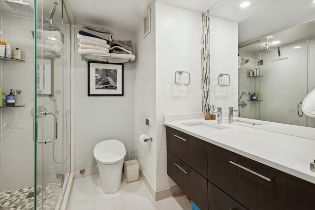 full bathroom with visible vents, baseboards, toilet, vanity, and a shower stall