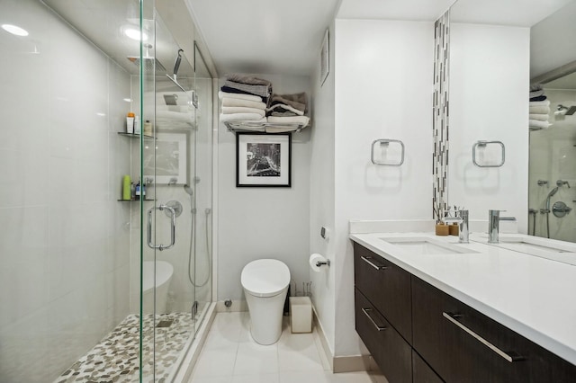 bathroom featuring visible vents, toilet, a stall shower, vanity, and tile patterned flooring