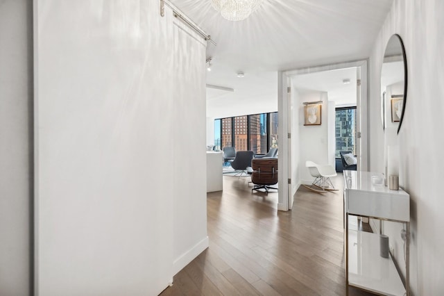 hallway featuring baseboards and dark wood-type flooring