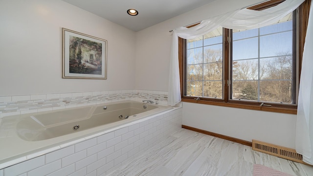 full bath with baseboards, visible vents, a tub with jets, and recessed lighting