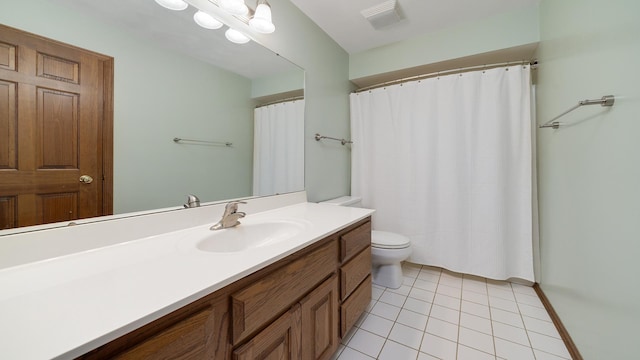 full bathroom with toilet, visible vents, tile patterned flooring, and vanity