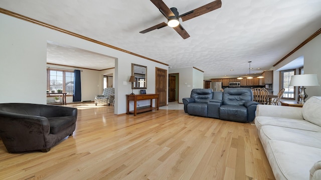 living area featuring light wood-type flooring, ornamental molding, and a wealth of natural light