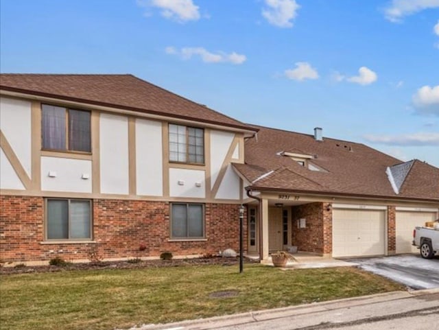 view of front of house with a garage, brick siding, concrete driveway, and stucco siding