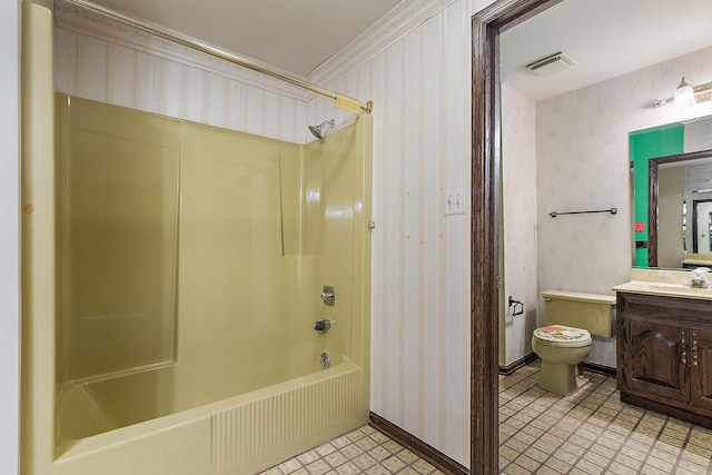 full bathroom with shower / bathtub combination, visible vents, toilet, vanity, and wallpapered walls