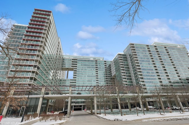 view of snow covered building