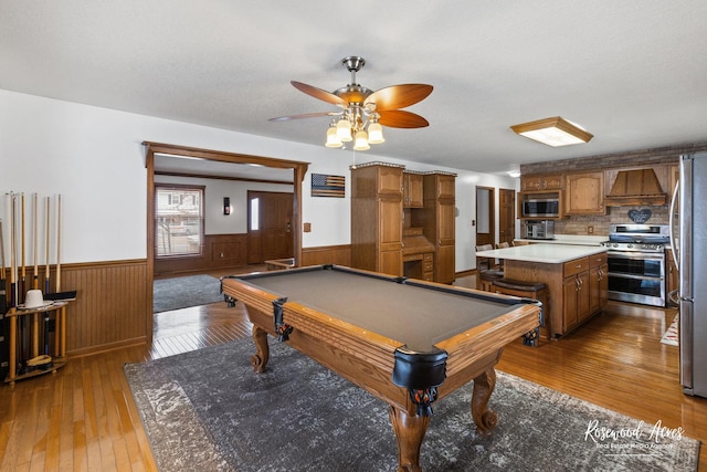 330 Fox Trl, Bourbonnais, IL 60914 - rec room featuring a wainscoted wall, light wood-style flooring, a ceiling fan, billiards, and wood walls