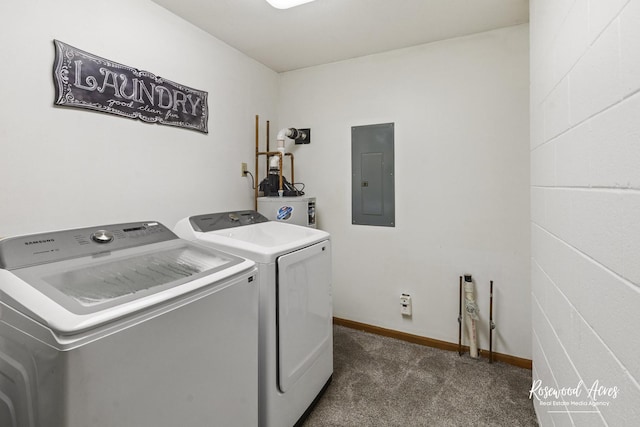 330 Fox Trl, Bourbonnais, IL 60914 - laundry area featuring electric panel, washer and clothes dryer, dark carpet, baseboards, and water heater