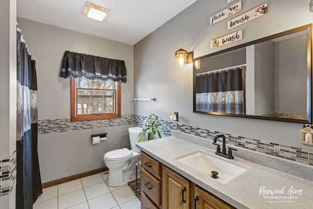 330 Fox Trl, Bourbonnais, IL 60914 - bathroom with vanity, tile patterned flooring, toilet, tile walls, and a shower with shower curtain